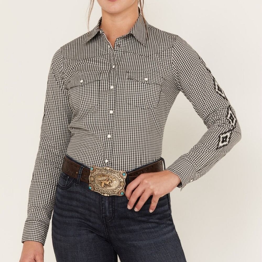 RANK 45 Women’s Black White Checked Western Boho Snap Front Long Sleeve Blouse